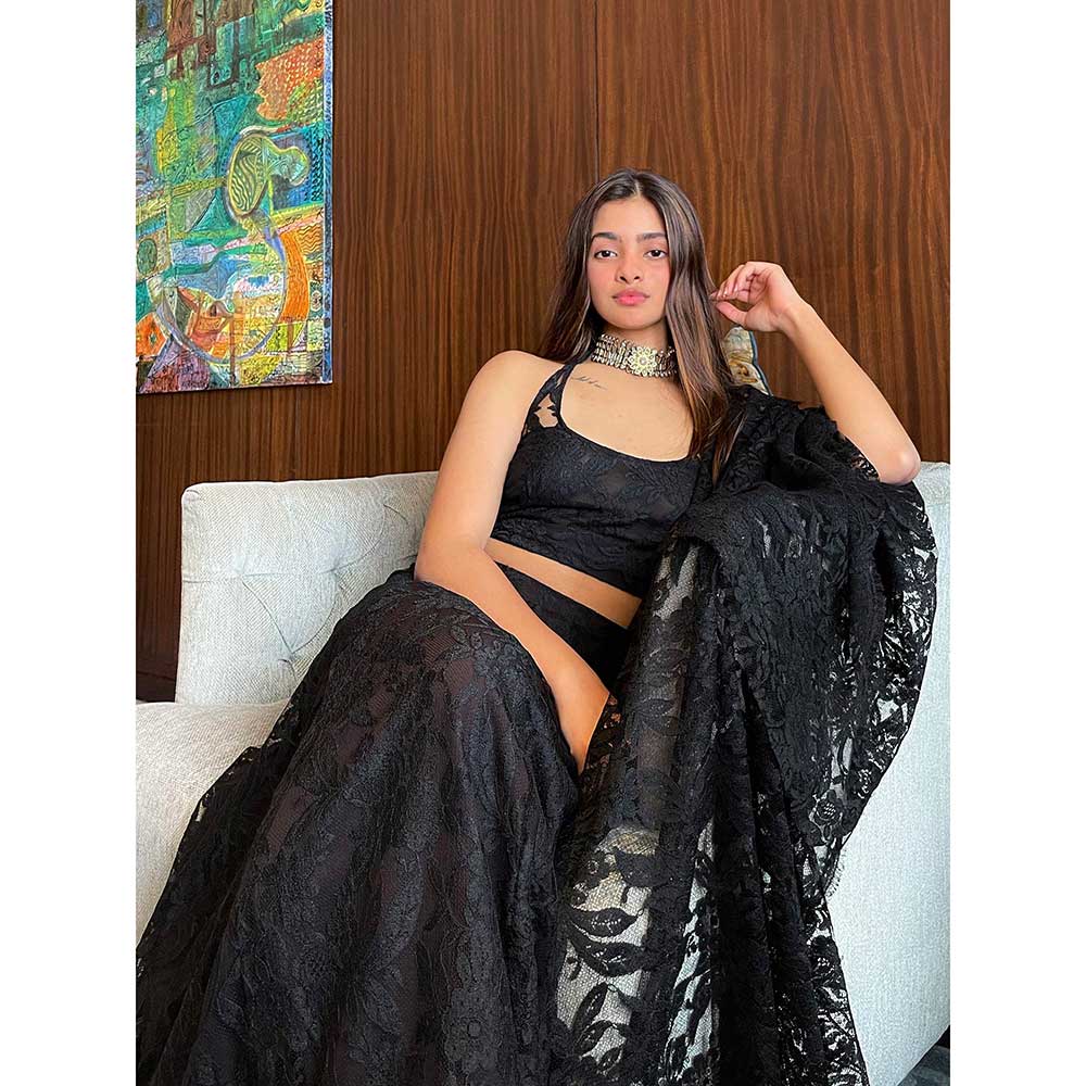 RAISHAA Black Le Chantilly Top with Skirt and Dupatta (Set of 3)