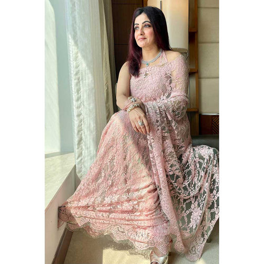 RAISHAA Baby Pink Cherry Blossom Saree with Stitched Blouse (Set of 2)