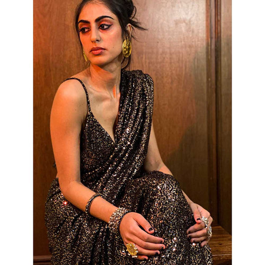 RAISHAA Bronze Paparazzi Saree with Stitched Blouse (Set of 2)