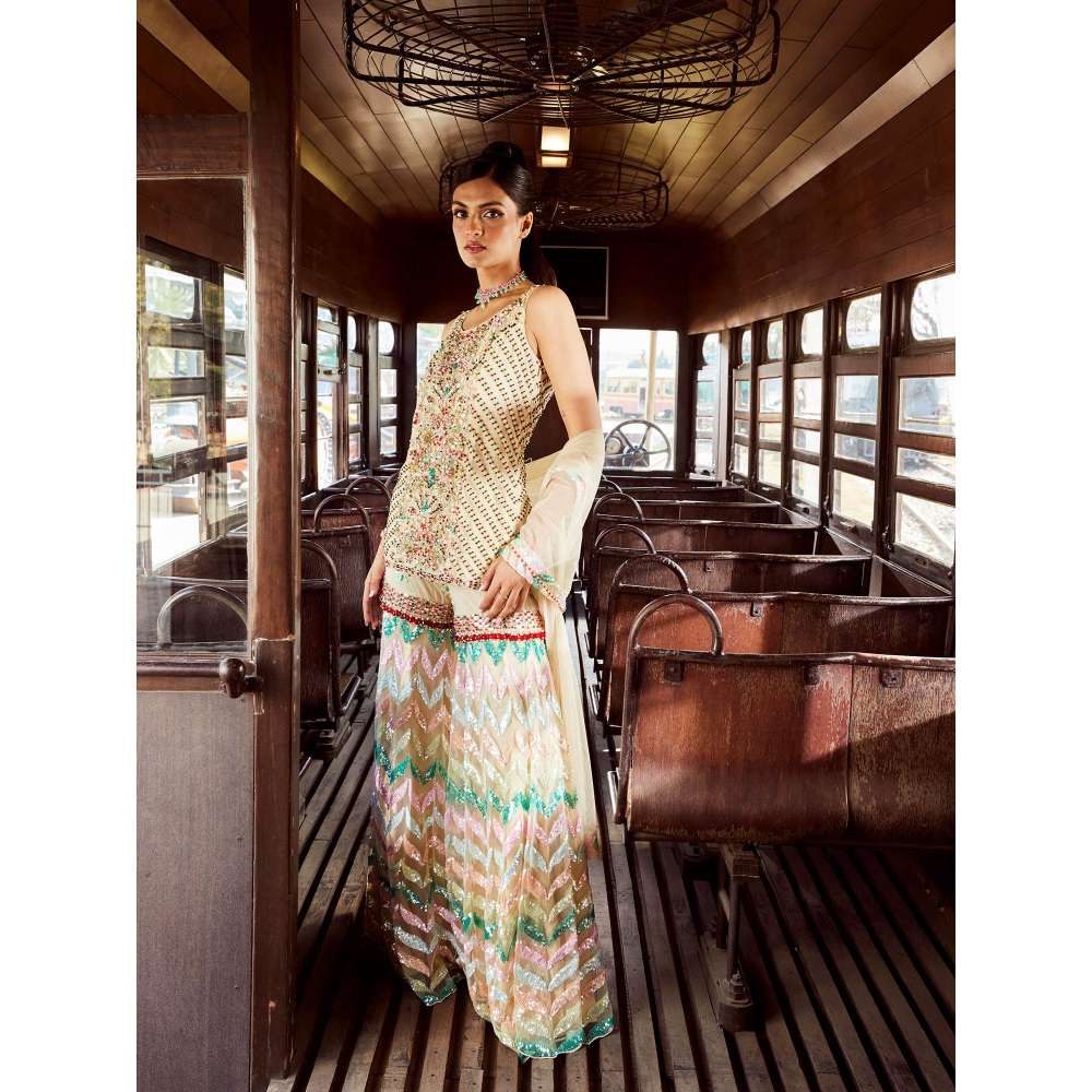 Rococo Caprice Beige Top with Sharara and Dupatta (Set of