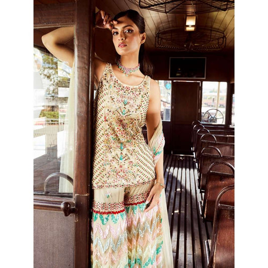 Rococo Caprice Beige Top with Sharara and Dupatta (Set of 3)