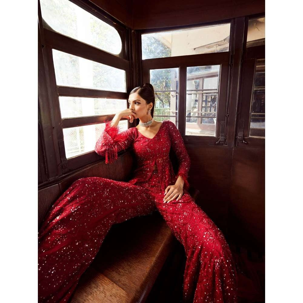 Rococo Sequoia Maroon Kurti with Sharara and Dupatta (Set of 3)