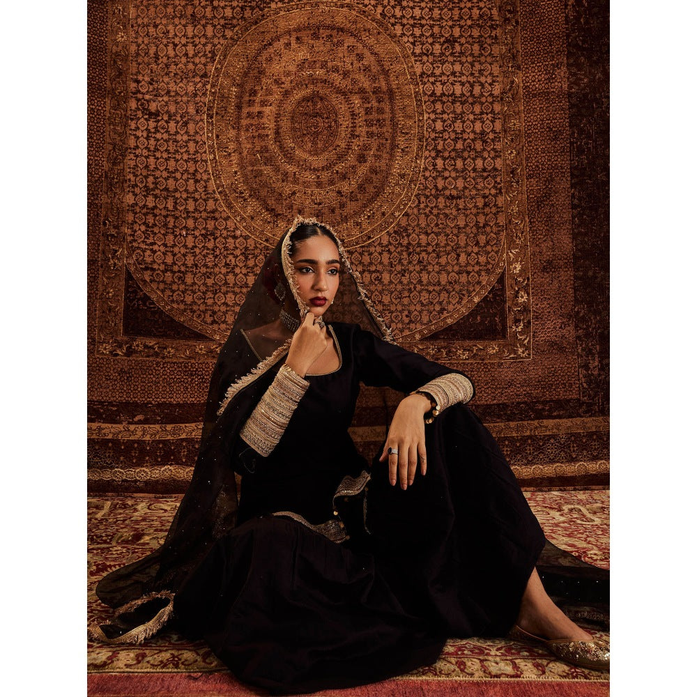 Roze Sultana Black Kurta with Sharara & Dupatta (Set of 3)