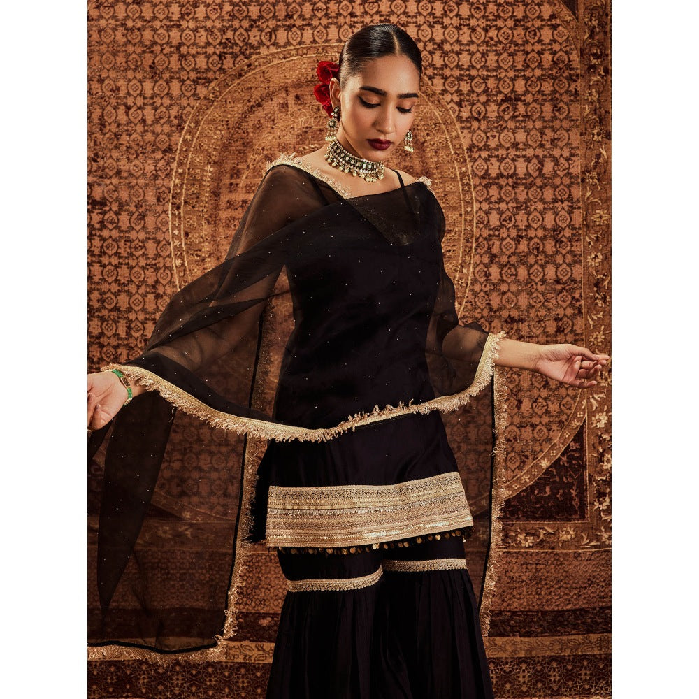 Roze Sultana Black Sleeveless Kurta with Sharara & Dupatta (Set of 3)