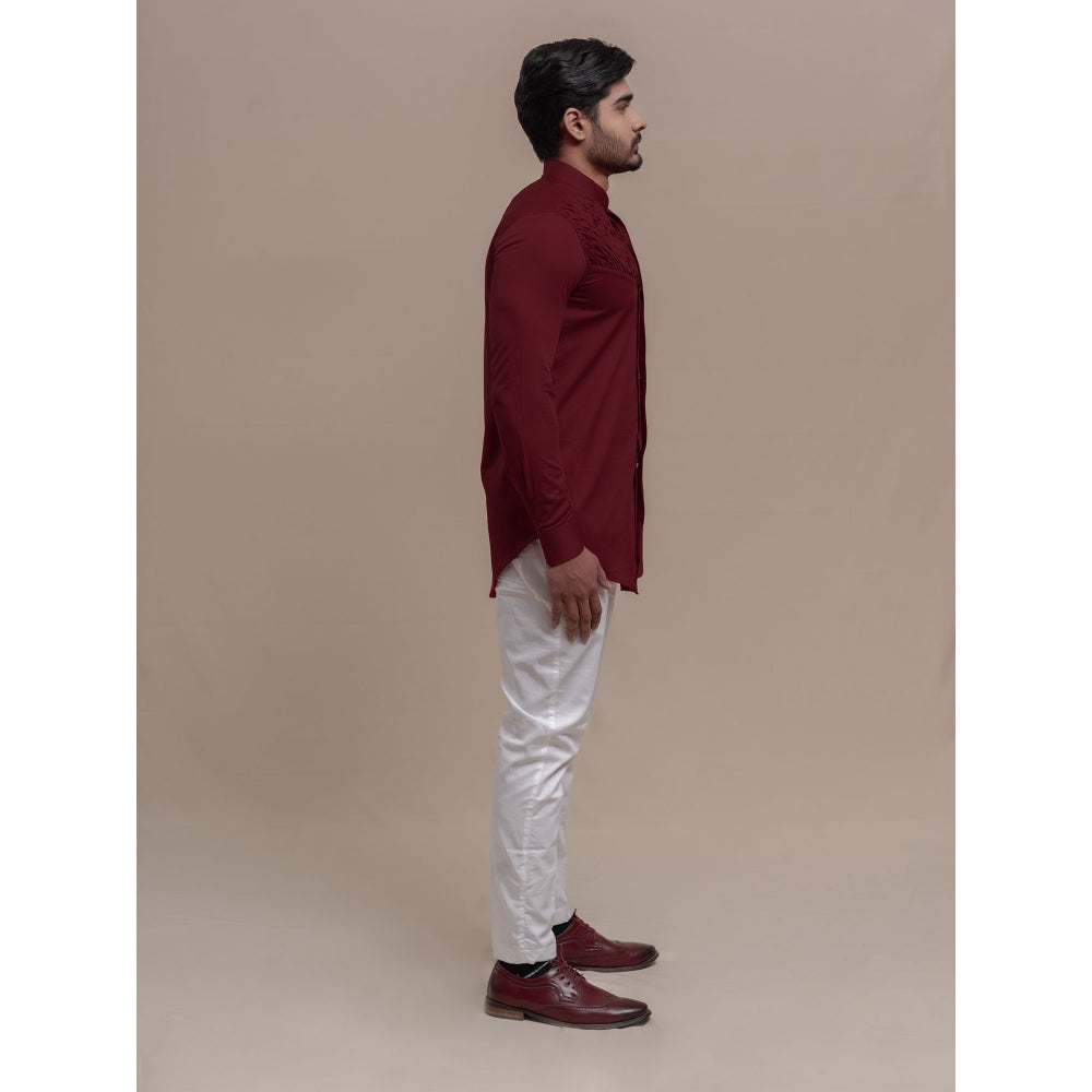 Runit Gupta Maroon Smocking Short Kurta-Tuxedo Shirt (Set of 2)