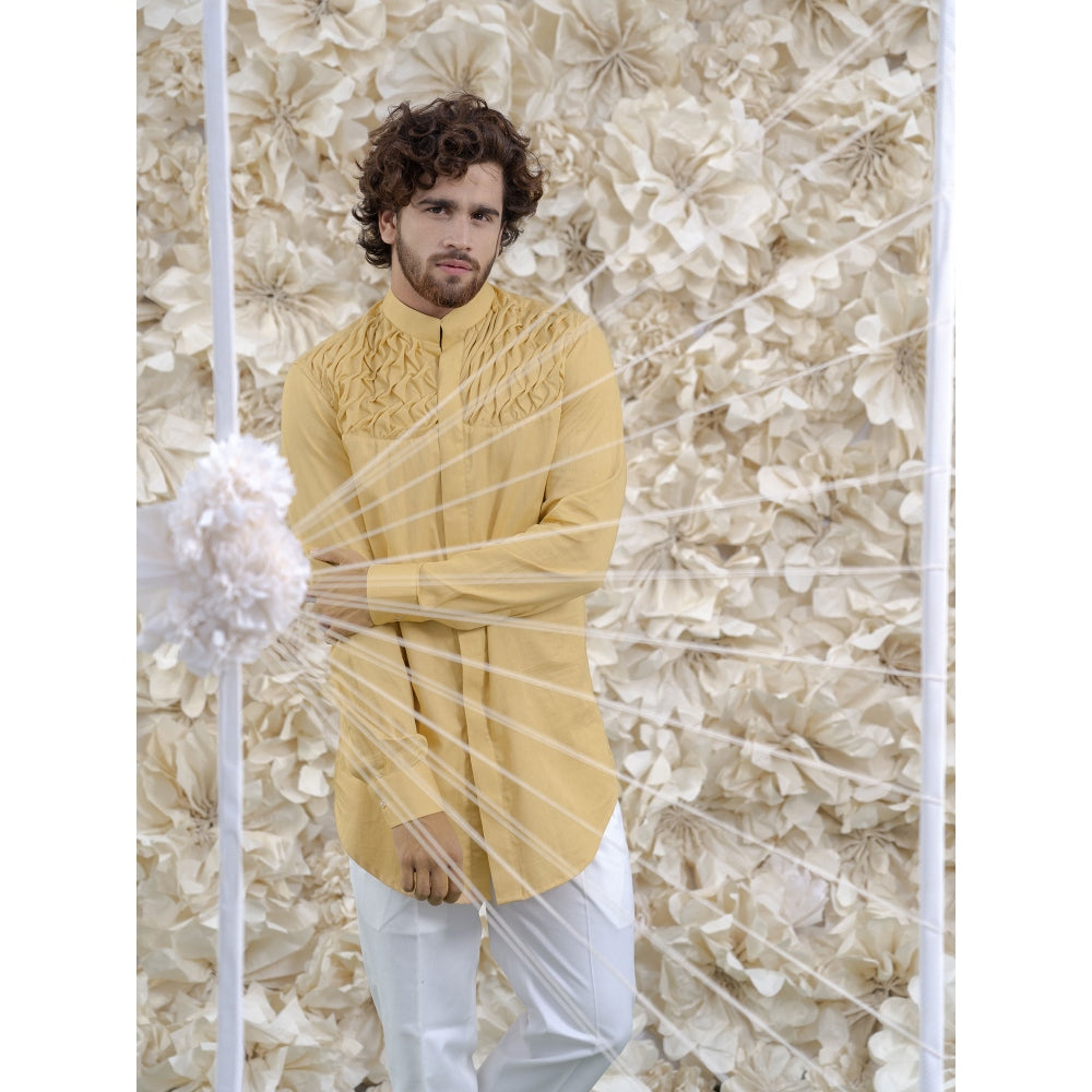 Runit Gupta Cream Smocking Short Kurta-Tuxedo Shirt (Set of 2)