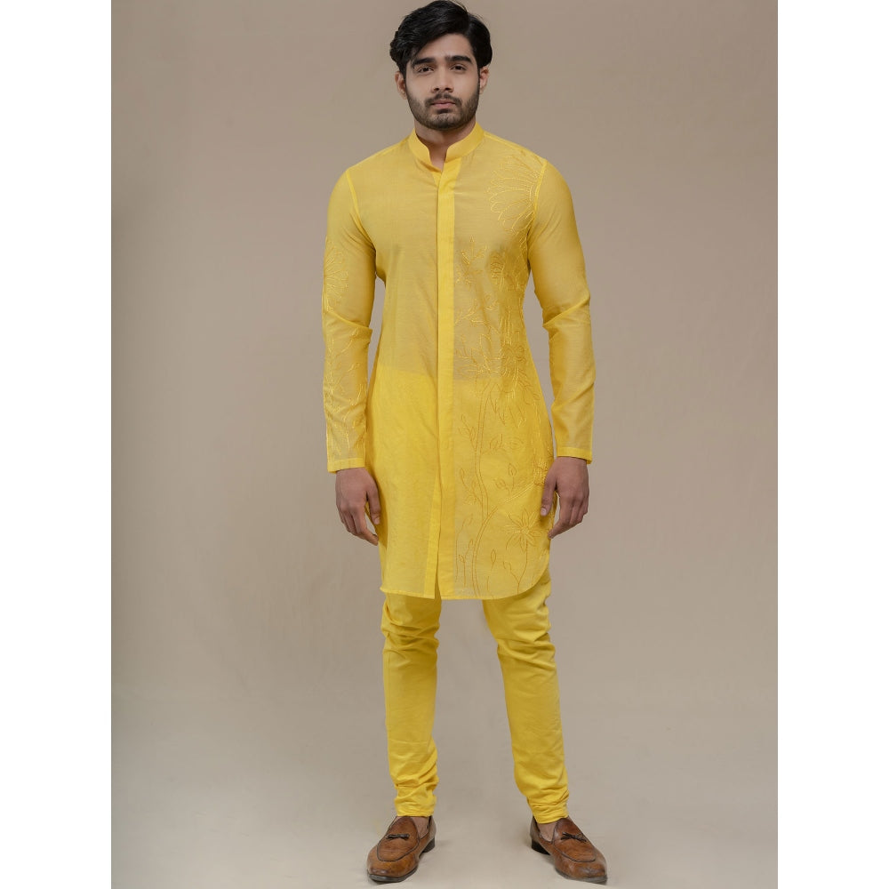 Runit Gupta Yellow Embroidered Kurta (Set of 2)