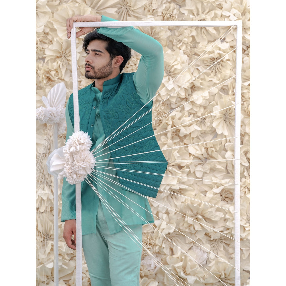 Runit Gupta Turquoise Handquilted Silk Half Jacket