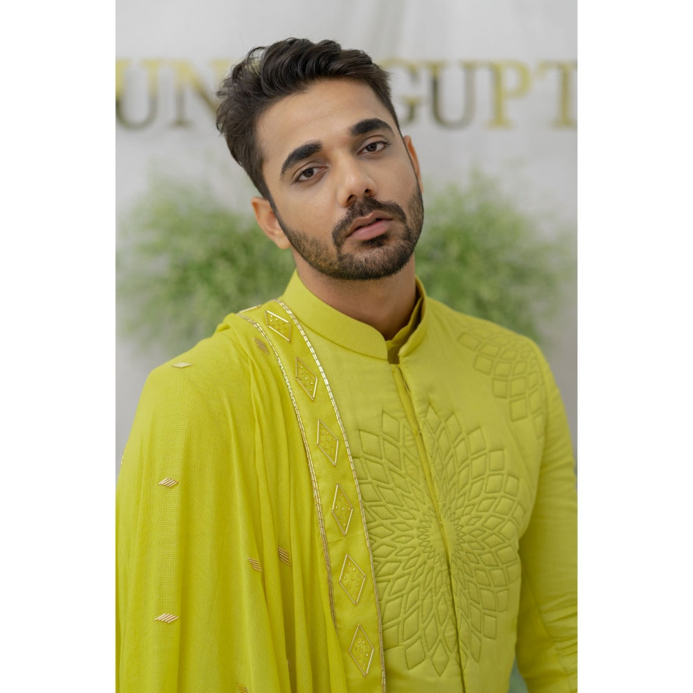 Runit Gupta Yuvaan Fresh Green Quilted Sherwani Kurta with Pyjama (Set of 3)
