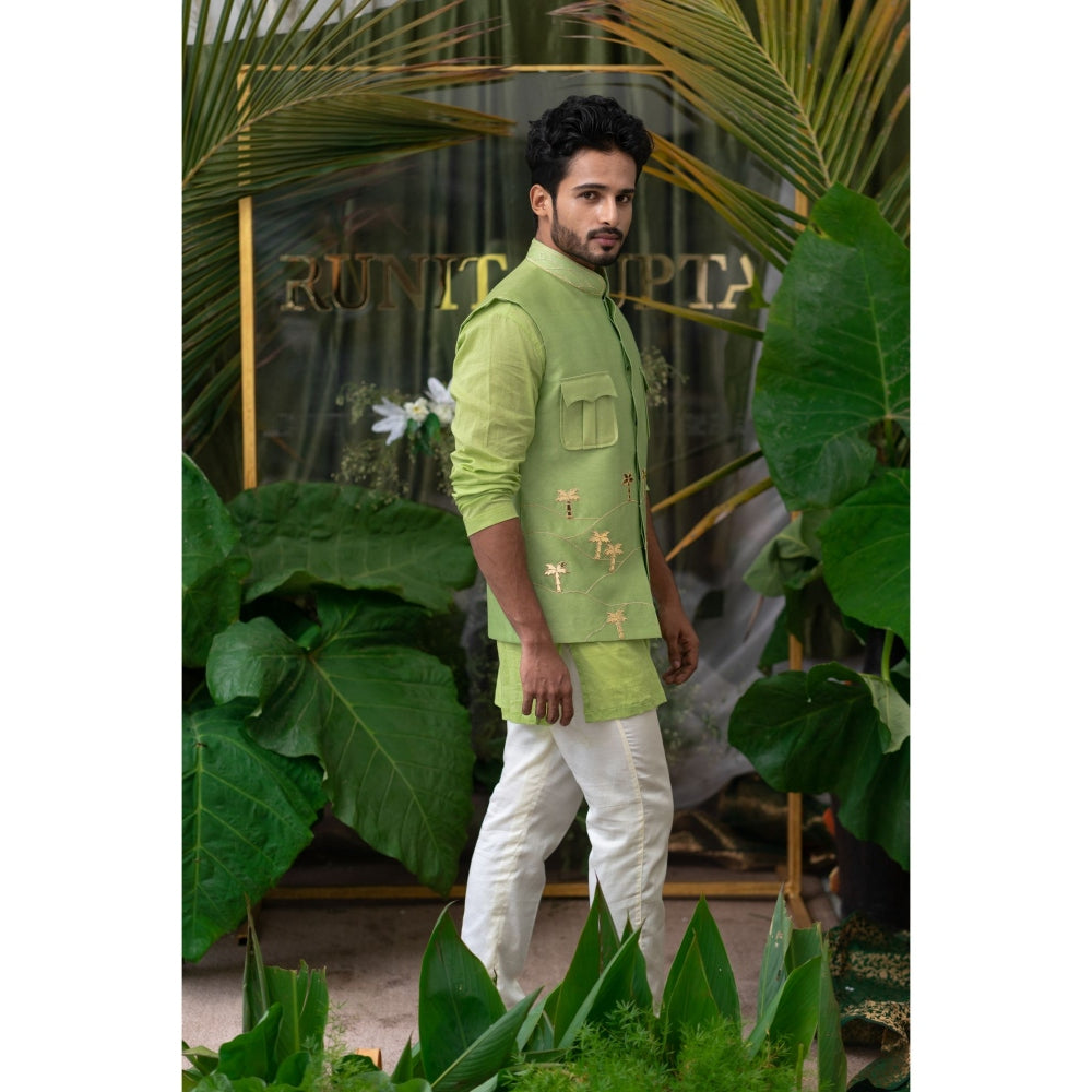 Runit Gupta Moss Lime Green Palm Tree Embroidered Bundi