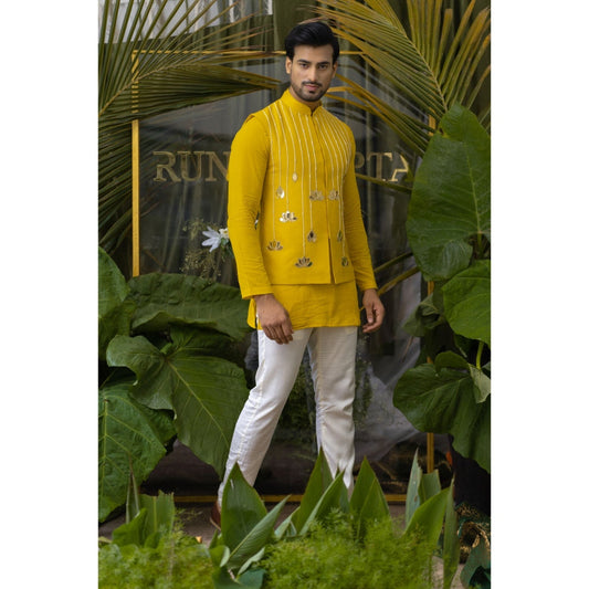 Runit Gupta Marigold Lotus Yellow Embroidered Bundi