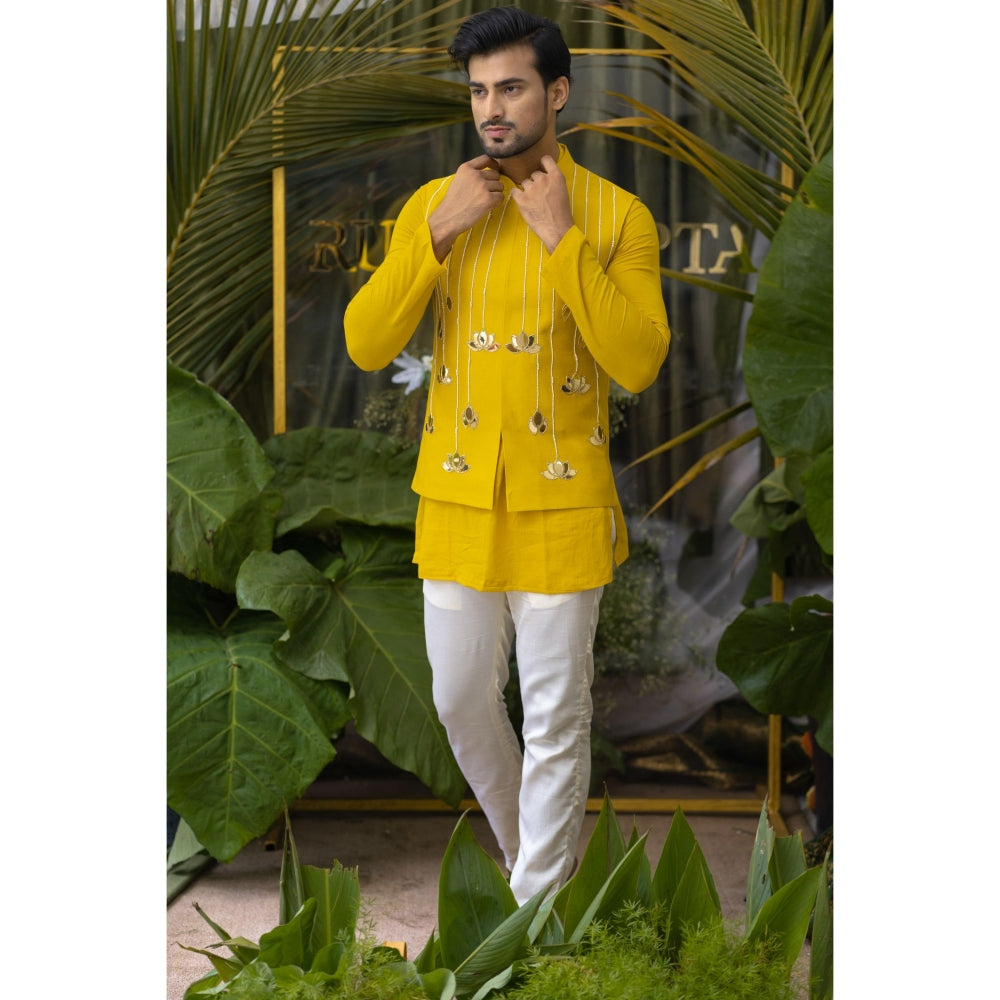 Runit Gupta Marigold Lotus Yellow Embroidered Bundi