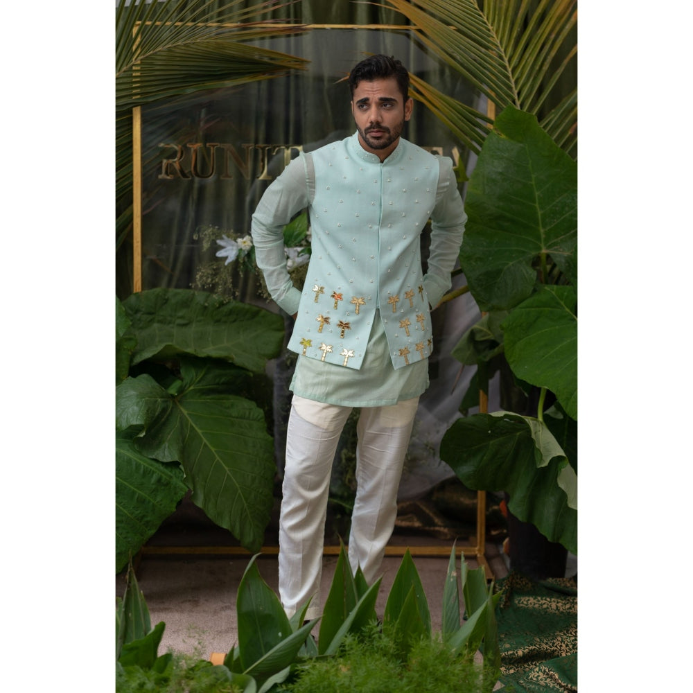 Runit Gupta Blue Exotic Palm Tree Embroidered Bundi