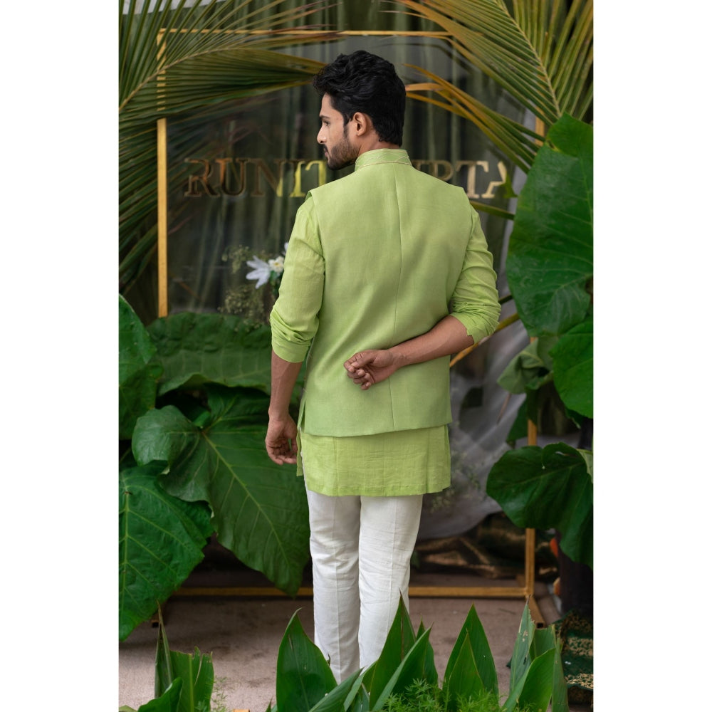 Runit Gupta Moss Lime Green and White Kurta with Pyjama (Set of 2)