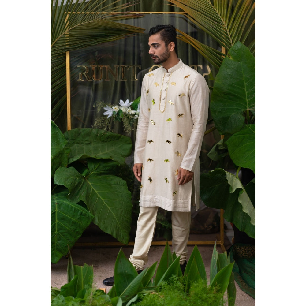 Runit Gupta Cloud Ivory Elephant Embroidered Kurta with Pyjama (Set of 2)