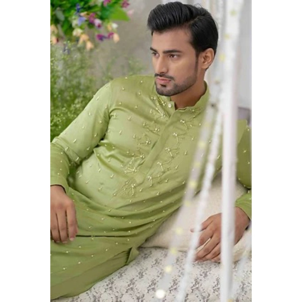Runit Gupta Moss Green Cutpipe Embroidered Kurta with Pyjama (Set of 2)