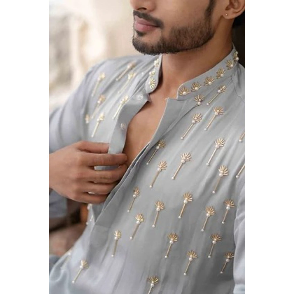 Runit Gupta Grey Cutpipe Embroidered Kurta with Pyjama (Set of 2)