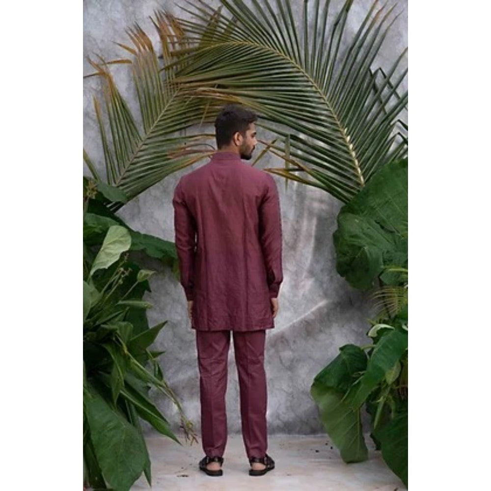 Runit Gupta Wine Crushed and Embroidered Shirt Kurta with Pyjama (Set of 2)
