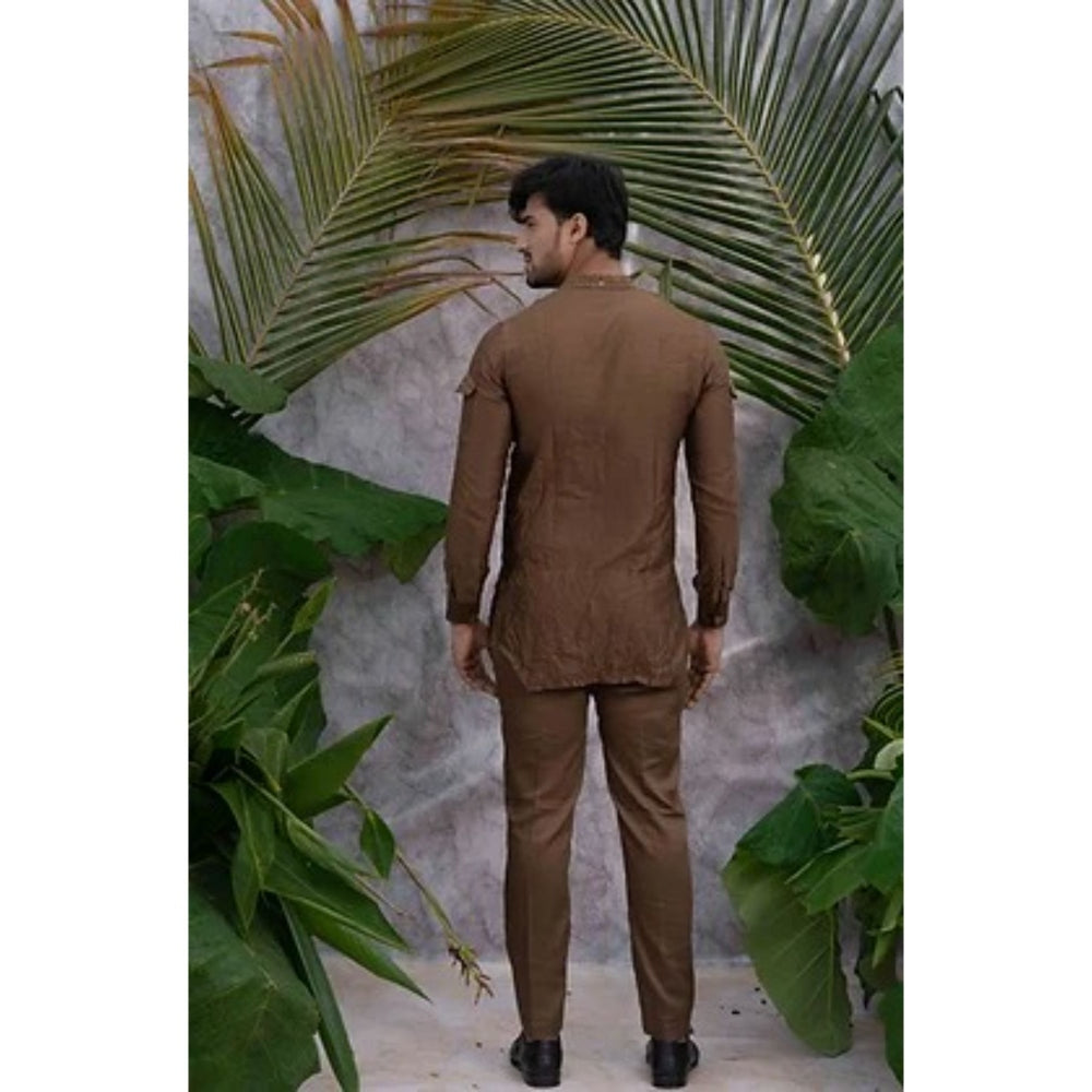 Runit Gupta Brown Crushed and Embroidered Shirt Kurta with Pyjama (Set of 2)
