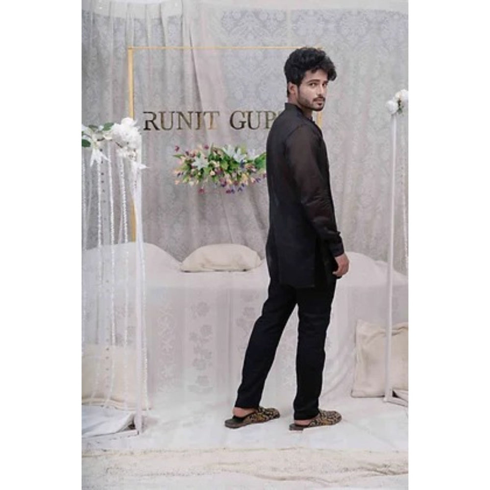 Runit Gupta Black Pulled Thread Work Shirt Kurta with Pyjama (Set of 2)