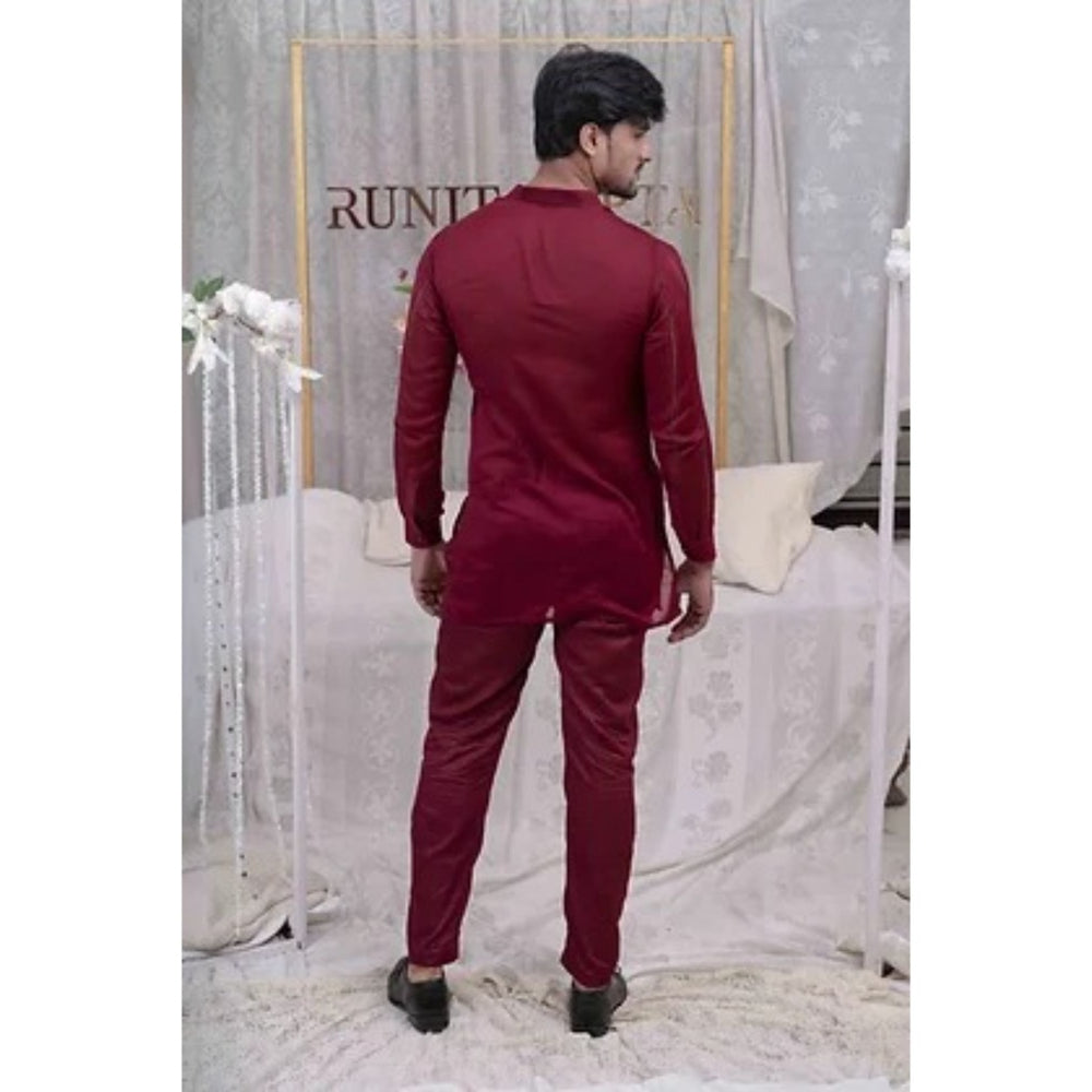 Runit Gupta Maroon Pulled Thread Work Shirt Kurta with Pyjama (Set of 2)