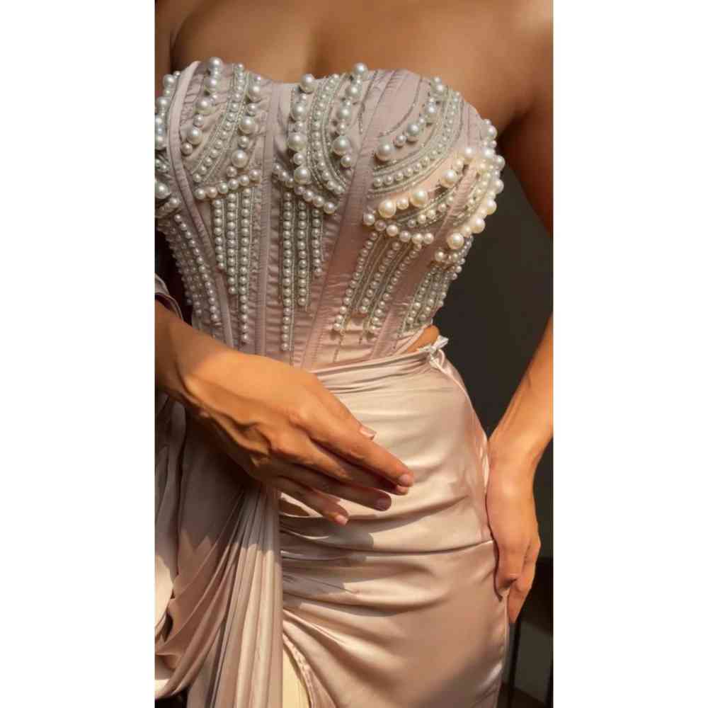 Saanjh by Lea Leila Champagne Hand Embroidered Corset Without Sleeves