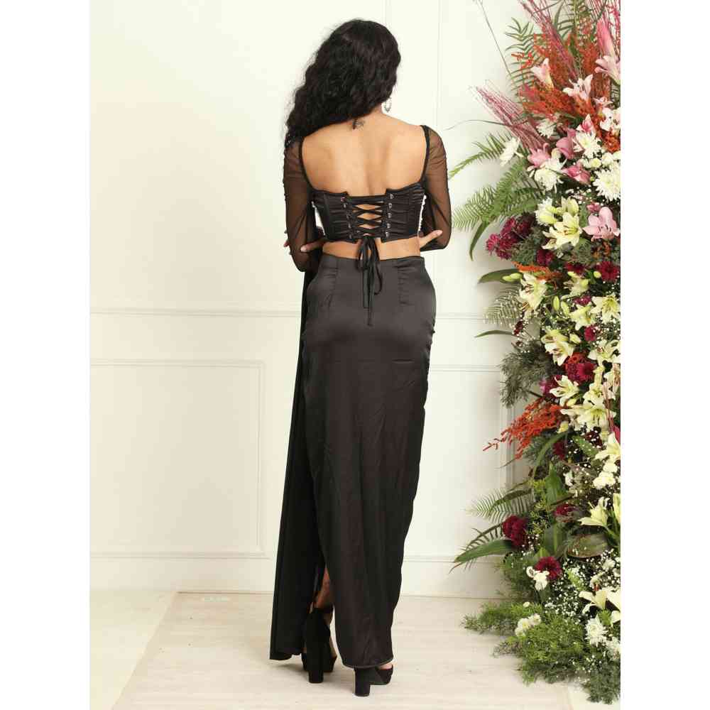 Saanjh by Lea Leila Black Hand Embroidered Corset With Mesh Sleeves