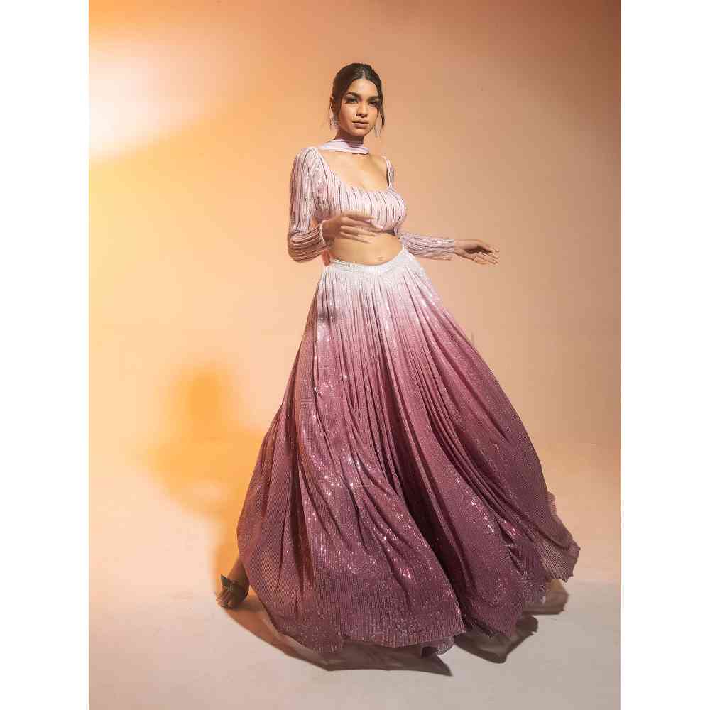 Saanjh by Lea Anaisha Pink Ombre Sequined Lehenga with Blouse and Dupatta (Set of 3)