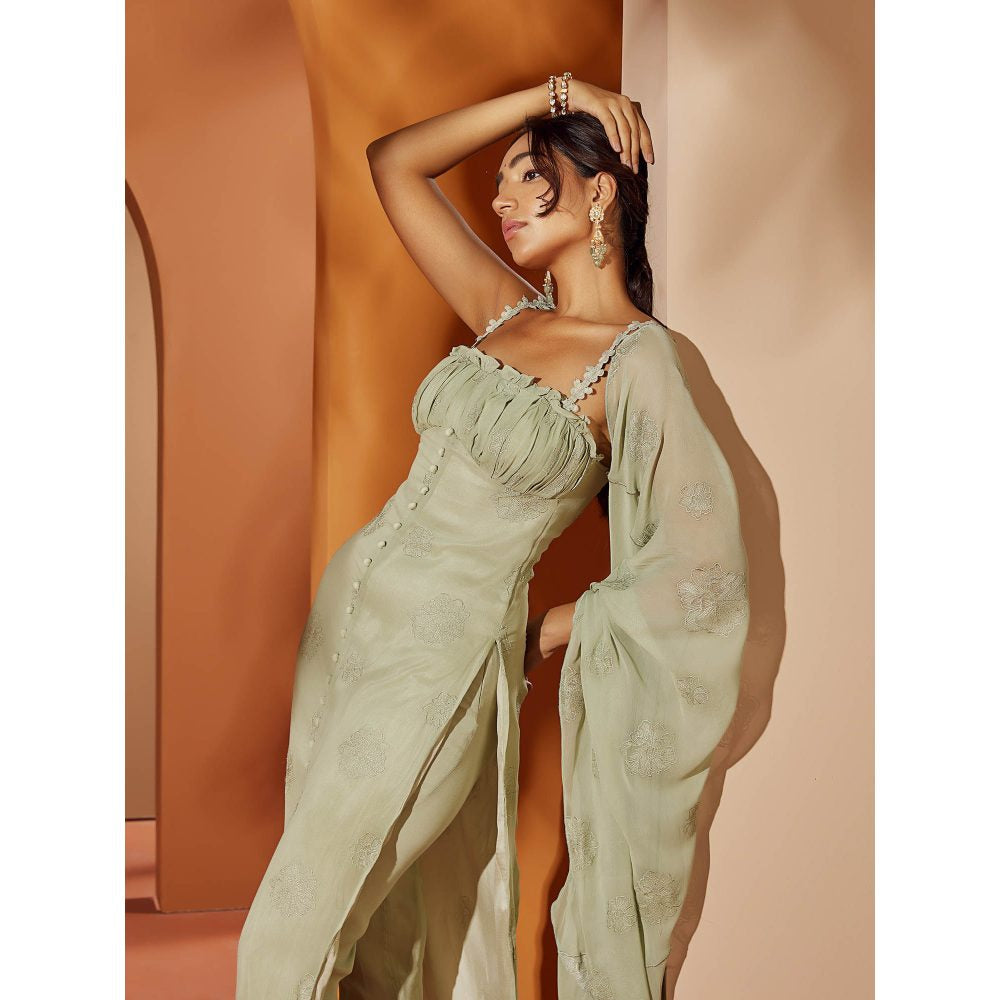 Saanjh by Lea Aarya Sage Green Embroidered Georgette Kurta (Set of 3)