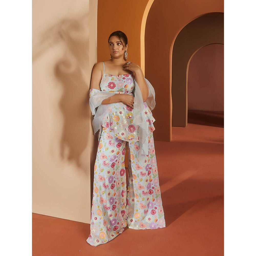 Saanjh by Lea Shyla Baby Blue Embroidered Sharara (Set of 3)