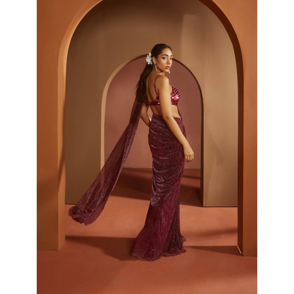 Saanjh by Lea Humaida Maroon Shimmer Pre-Draped Saree with Stitched Blouse
