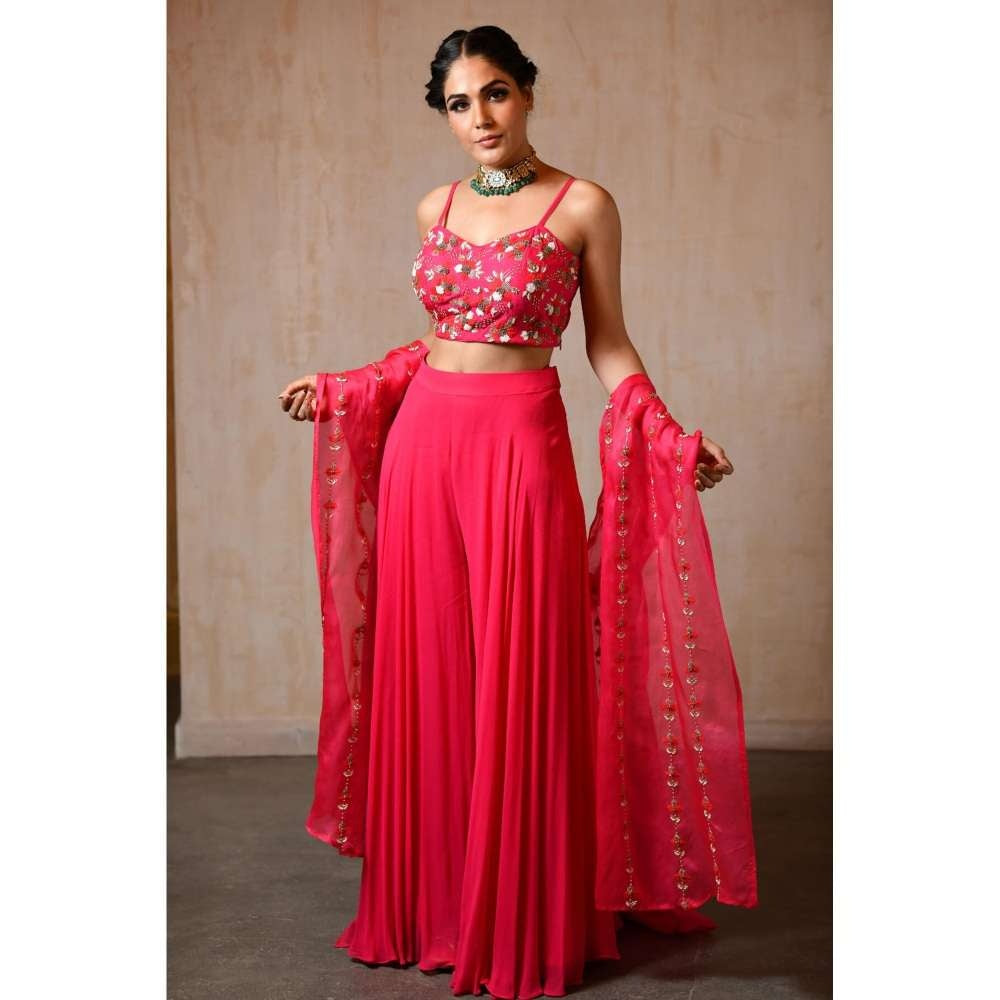 SAISHA Fuchsia Organza Long Cape With Choli And Sharara (Set of 3)