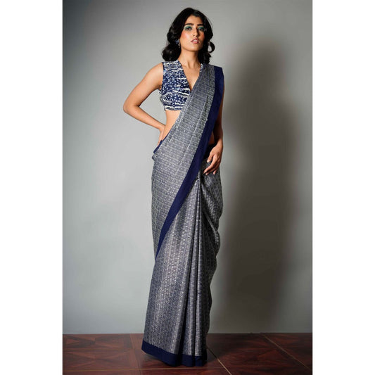 Saksham & Neharicka Indigo Woven Saree and Unstitched Blouse with Unstitched (Set of 2)