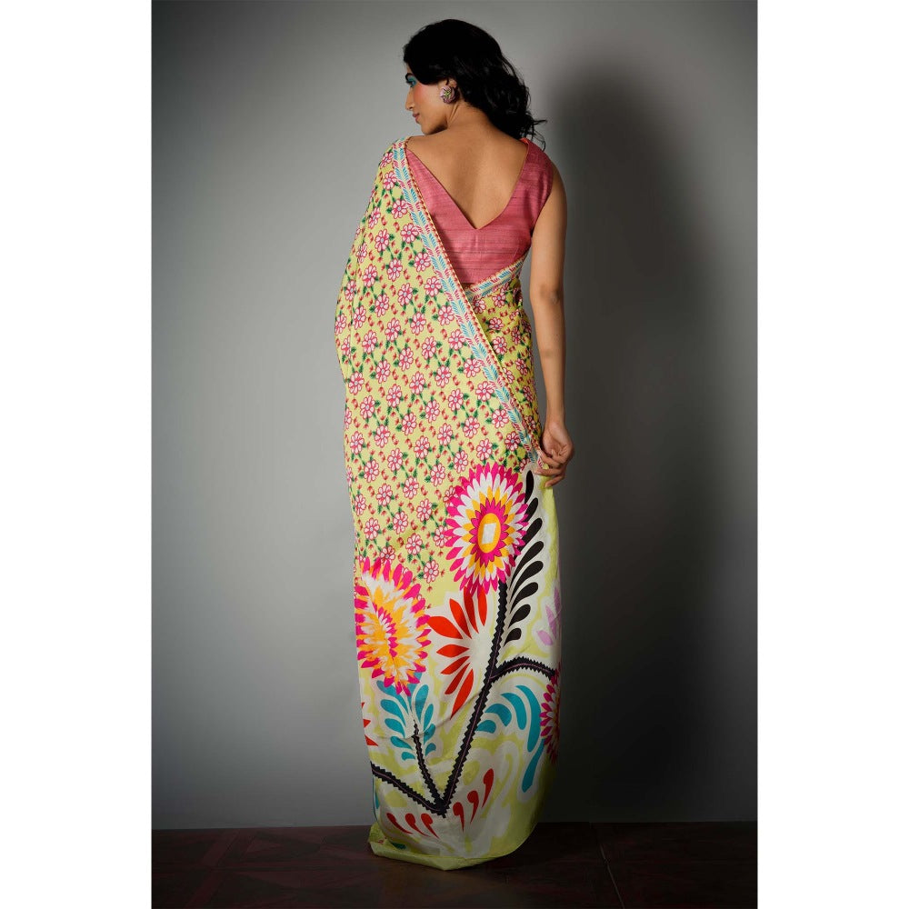 Saksham & Neharicka Lime Green Embroidered Saree and Unstitched Blouse with Unstitched (Set of 2)