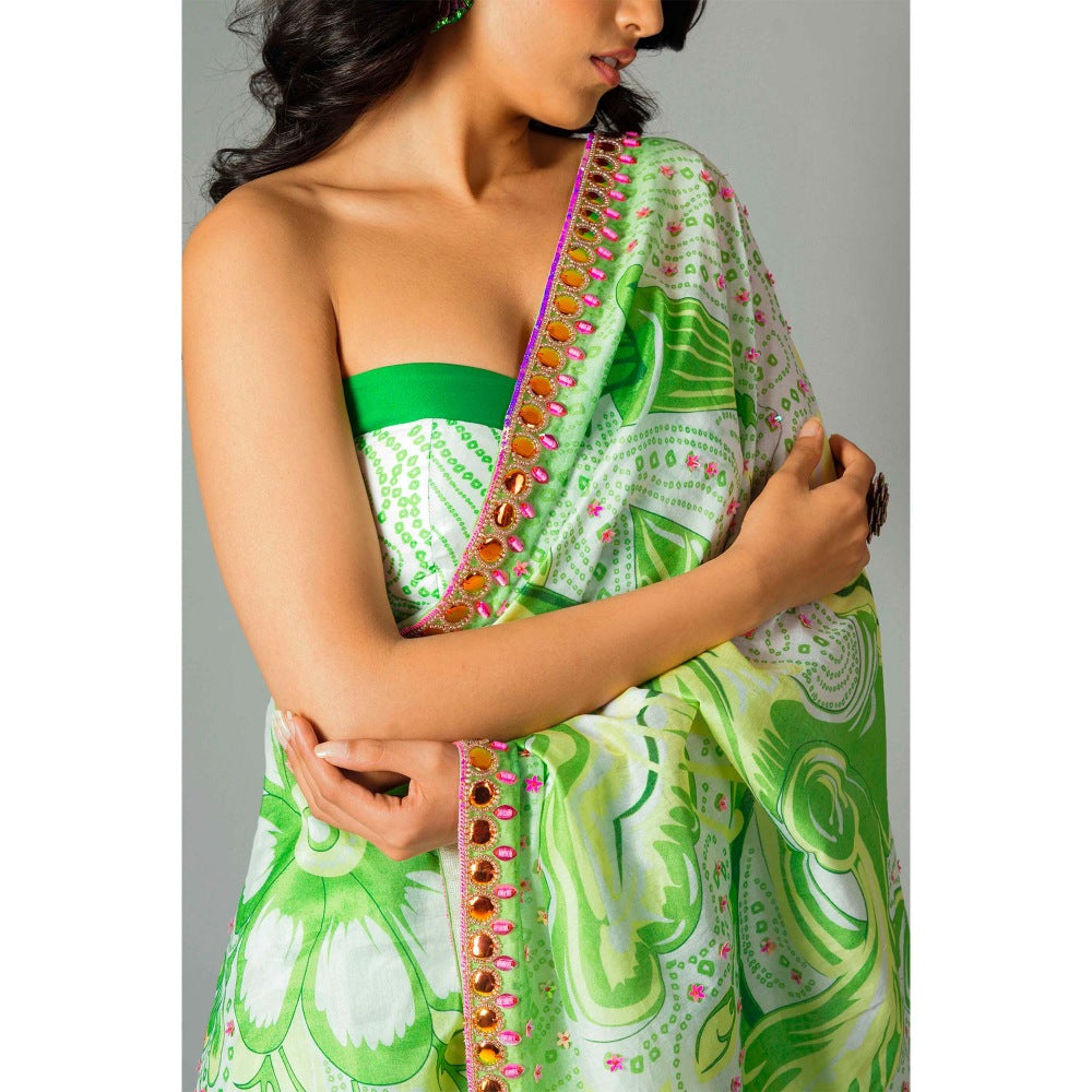 Saksham & Neharicka Green Embroidered Saree and Unstitched Blouse with Unstitched (Set of 2)