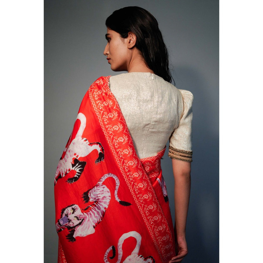 Saksham & Neharicka Red Tiger Printed Chanderi Saree with Unstitched Blouse
