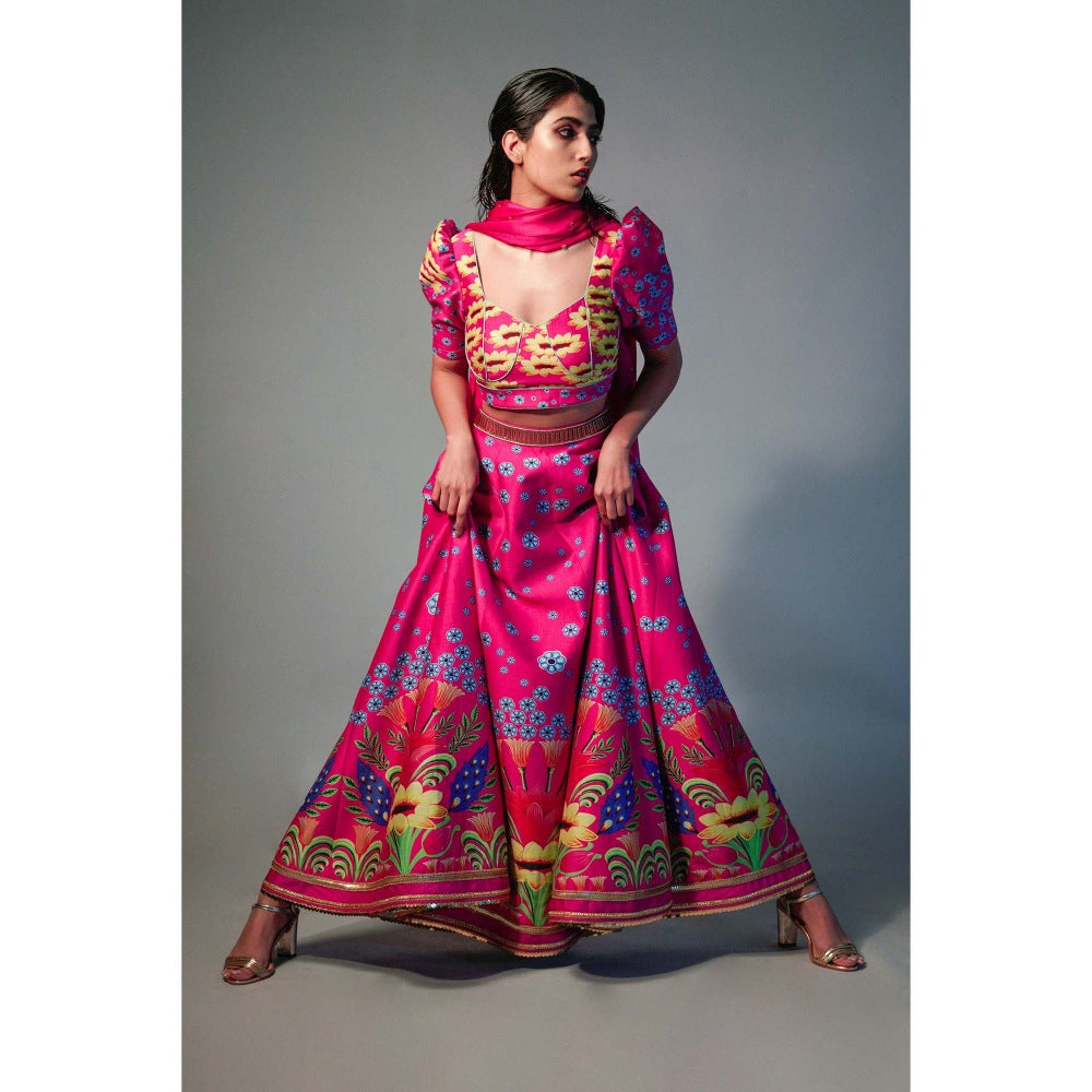 Saksham & Neharicka Pink Printed Lehenga (Set of 3)