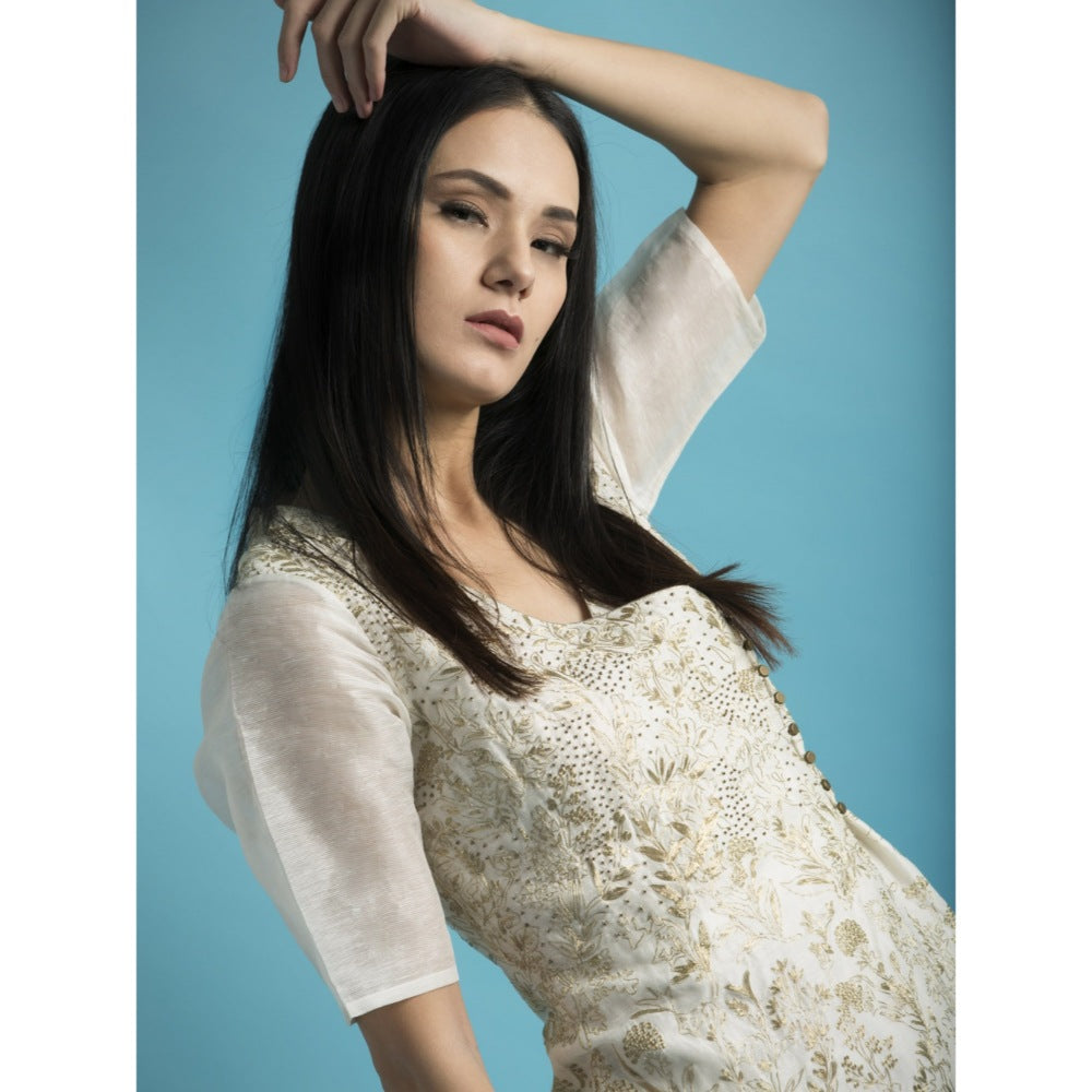 Saksham & Neharicka Ivory Embroidered Kurta With Linen Palazzo - (Set of 3)