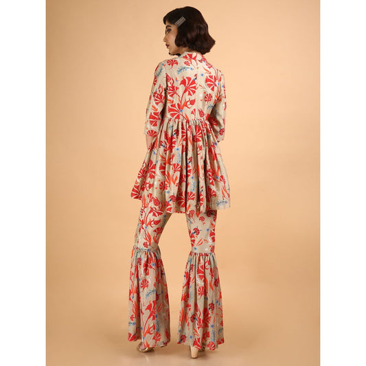 Saksham & Neharicka Beige Carnations Kurta With Sharara And Stole (Set of 3)