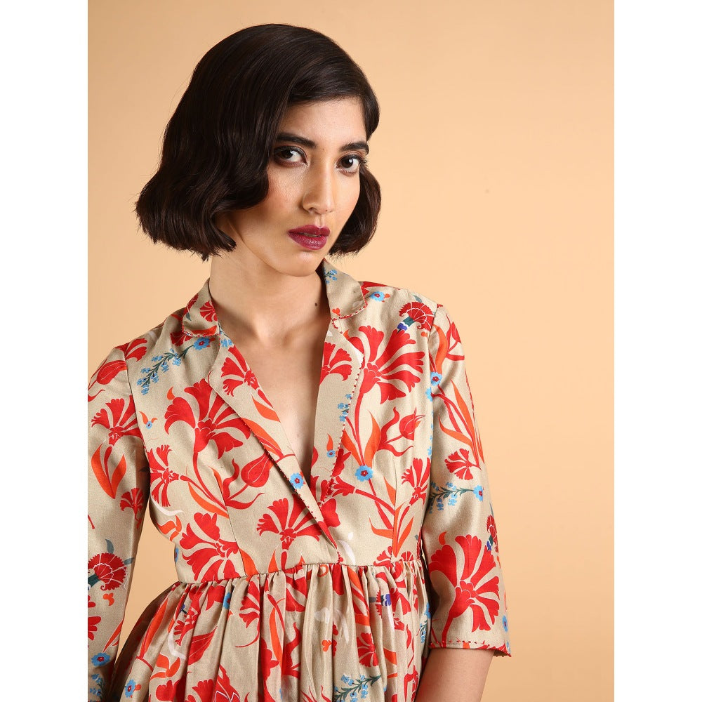 Saksham & Neharicka Beige Carnations Kurta With Sharara And Stole (Set of 3)