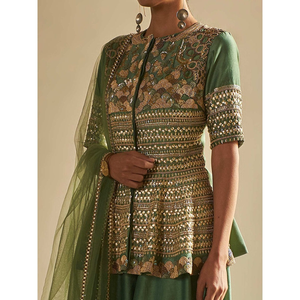 Saksham & Neharicka Olive Embroidered Tunic & Sharara With Dupatta (Set of 3)