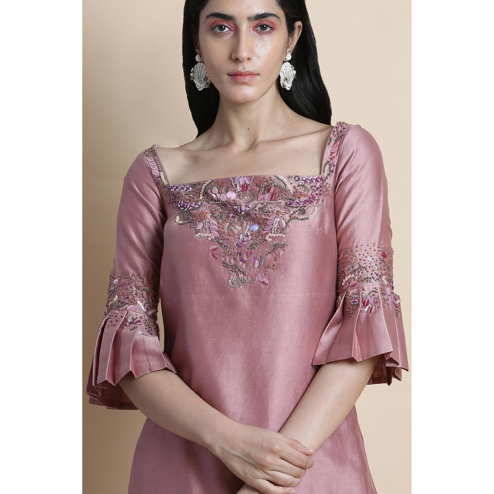 Saksham & Neharicka Rose Gold Embellished Chanderi Kurta With Pant (Set of 2)