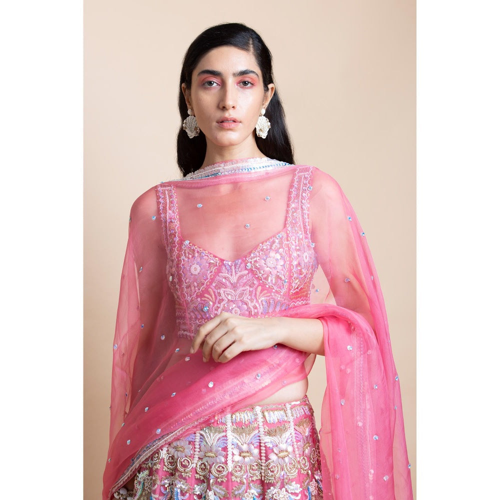 Saksham & Neharicka Rose Pink Embroidered Organza Lehenga Set (Set of 3)