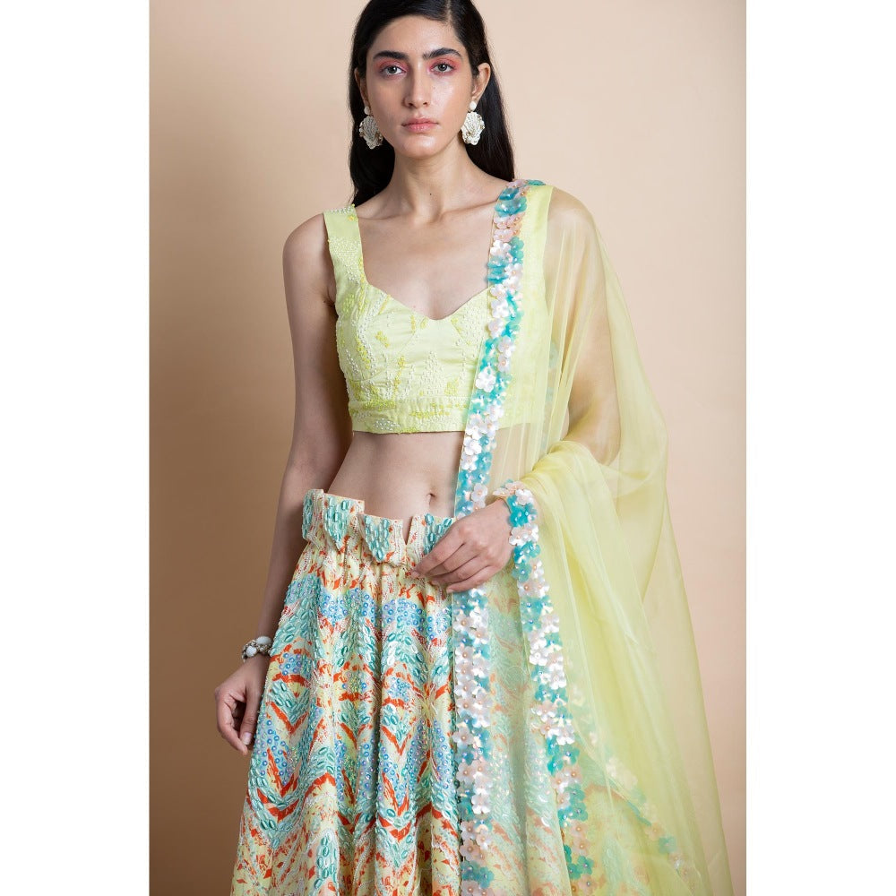 Saksham & Neharicka Yellow Printed Lehenga & Blouse With Dupatta (Set of 3)