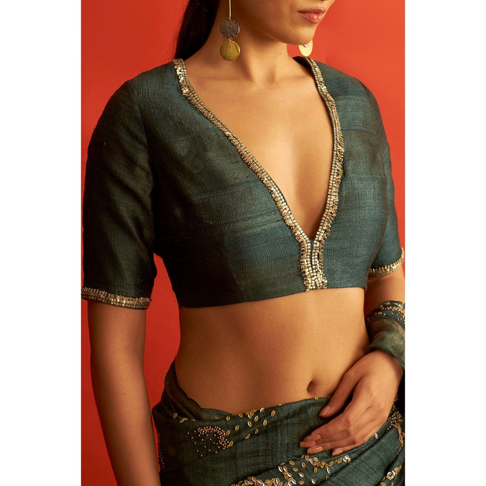 Saksham & Neharicka Emerald Green Embroidered Silk Blouse