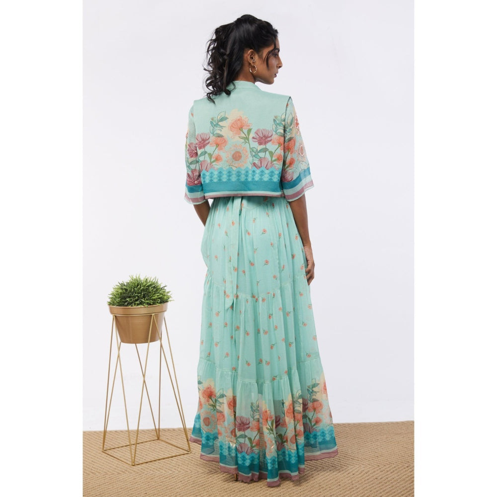 Soup by Sougat Paul Mint Blue Blooming Bud Floral Tiered Dress with Jacket (Set of 2)
