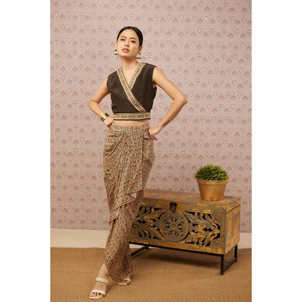 Soup by Sougat Paul Black & Multi Sarouk Floral Crop Top with Drape Skirt & Jacket (Set of 3)