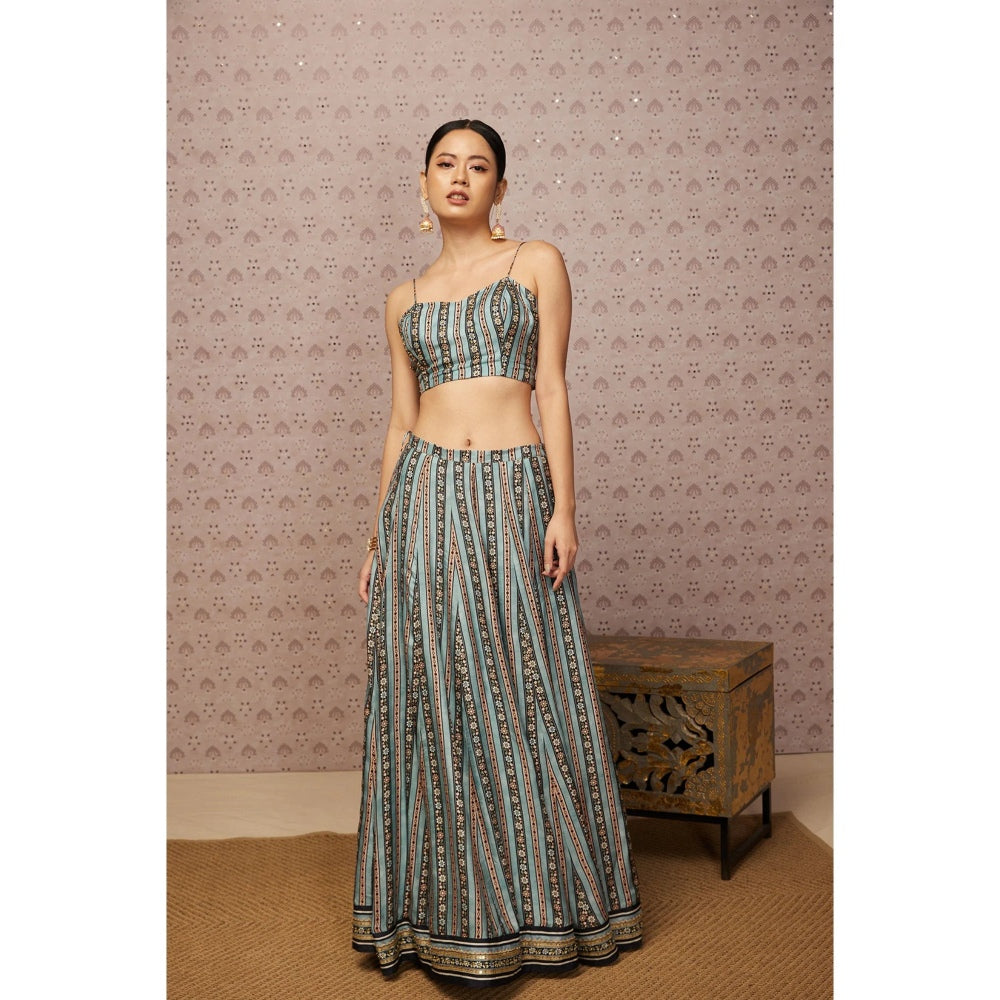 Soup by Sougat Paul Blue & Multi Sarouk Floral Lehenga with Crop Top and Jacket (Set of 3)