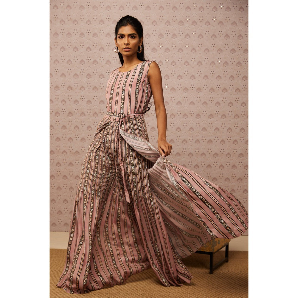 Soup by Sougat Paul Pink & Multi Sarouk Floral Jumpsuit with Jacket (Set of 2)