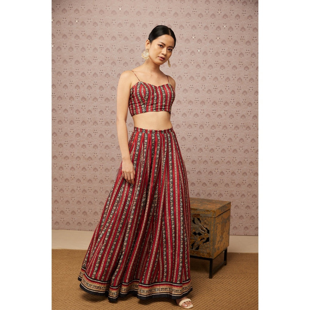 Soup by Sougat Paul Red & Multi Sarouk Floral Lehenga with Crop Top and Jacket (Set of 3)